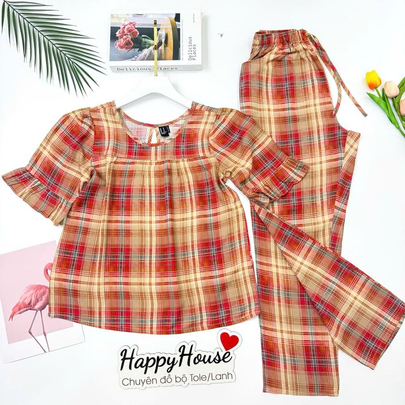 Đồ Bộ Tole Tay Lỡ, Bộ Lanh Mặc Nhà Quần Dài Tay Chuông VNXK F21 - HappyHouse - Women, Nữ