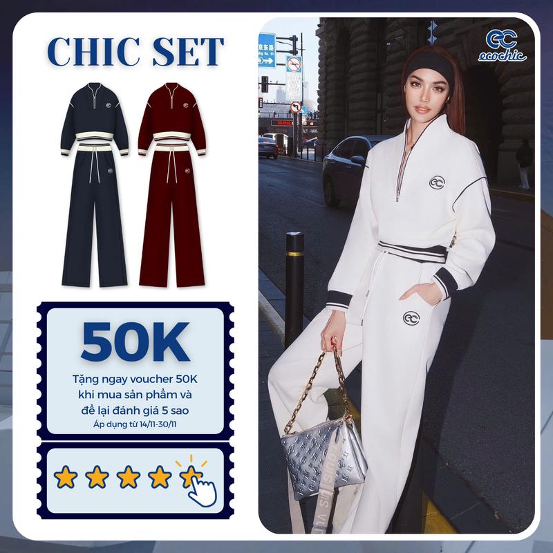  Set Bộ ECOCHIC VARSITY Áo Khoá Zip Ngắn Cổ Đứng Phối Quần Suông Ống Rộng Cạp Chun Chất Liệu Cao Cấp Chính Hãng B205 
