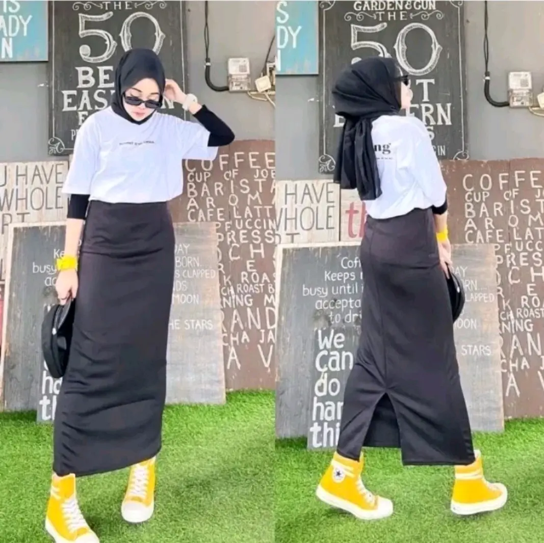 Rok Span Scuba panjang Kekinian Muslim Karet Kerja Hitam Nyaman Melar