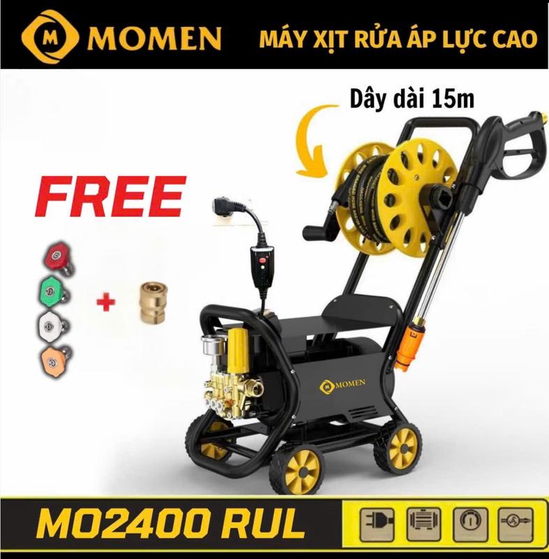  Máy Rửa Xe Bán Công Nghiệp Momen 2400 Siêu Mạnh - Có Rulo Cuốn Dây Và Khung 4 Bánh Xe - Lõi Đồng - Dây Dài 15m +  Bộ 4 Béc Phun Chuyên Dụng 