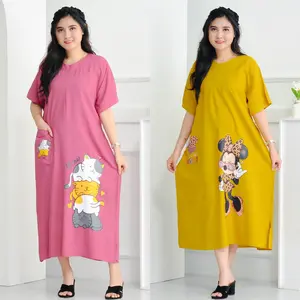 Baju dres Panjang motif miaow viral ld 120 busui rayon premium tebal  tali samping  Kantong Bumil