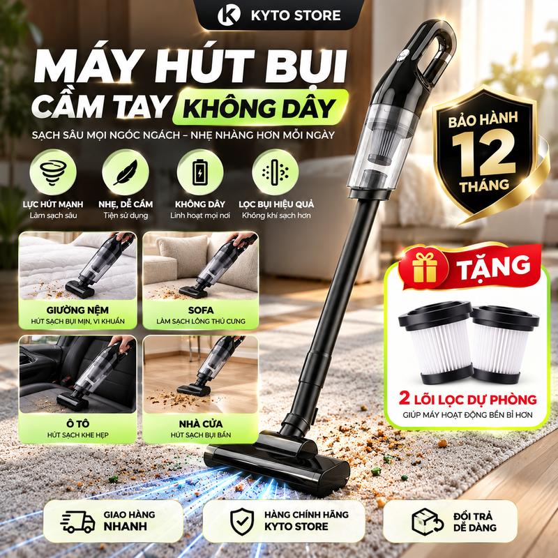 Máy Hút Bụi Cầm Tay Không Dây Đa Năng Kyto Home 15000Pa - Kèm Đầu Hút Lông Thú Cưng, Giường Nệm, Xe Hơi