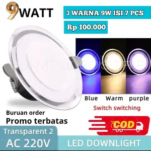 PAKET ( 10 PCS ) 9 WATT LAMPU DOWNLIGHT 3 WARNA PUTIH NATURAL KUNING/KUNING BIRU UNGU INBOW 220V