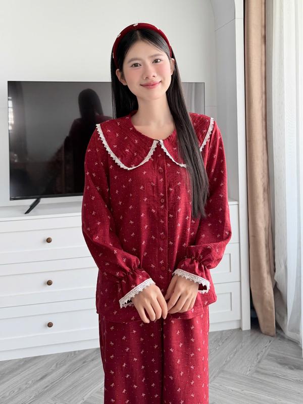  Bộ Ngủ BY CHANN  SP30  set đỏ hoạ tiết nhí phối viền nơ áo dài quần dài chất liệu đũi vân mây  có bigsize 80kg  