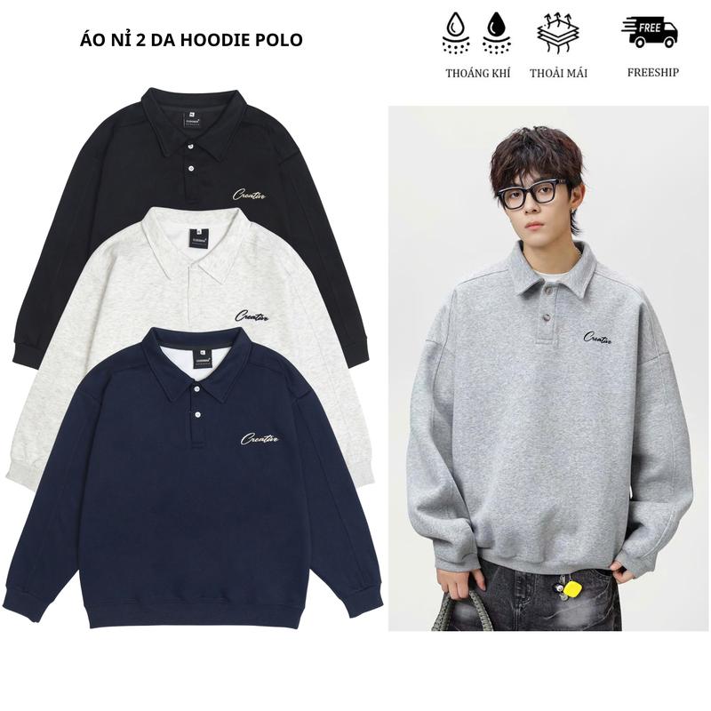 Áo nỉ hoodie thun polo nam dài tay Thêu Logo có cổ thời trang Hàn Quốc mùa Thu Đông