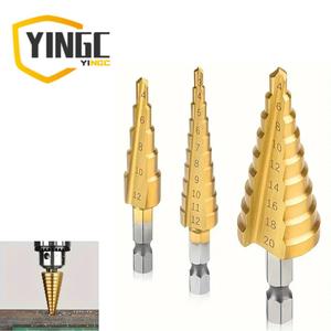 YC 1/3個 HSSチタンコーティングステップドリル - プラスチック、木材、板金、アルミニウムを貫通、六角シャンクステップドリル！ホームセンターやお父様へのプレゼントに最適です。