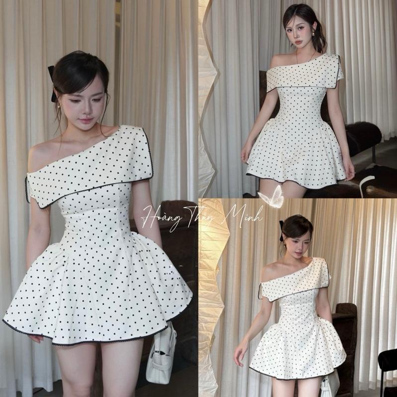 C6-[SALE XÃ KHO] Váy Chấm Bi Lệch Vai Bồng Eo Dáng Xoè Thiết Kế Sang Chảnh[CÓ QUẦN]-HoangThuyMinh97