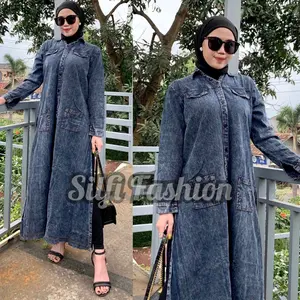 LONG TUNIK JEANS WANITA MUSLIM SM 9035 APPLAUSE 110 MIDI OUTER  PANJANG FULL KANCING DEPAN HIDUP