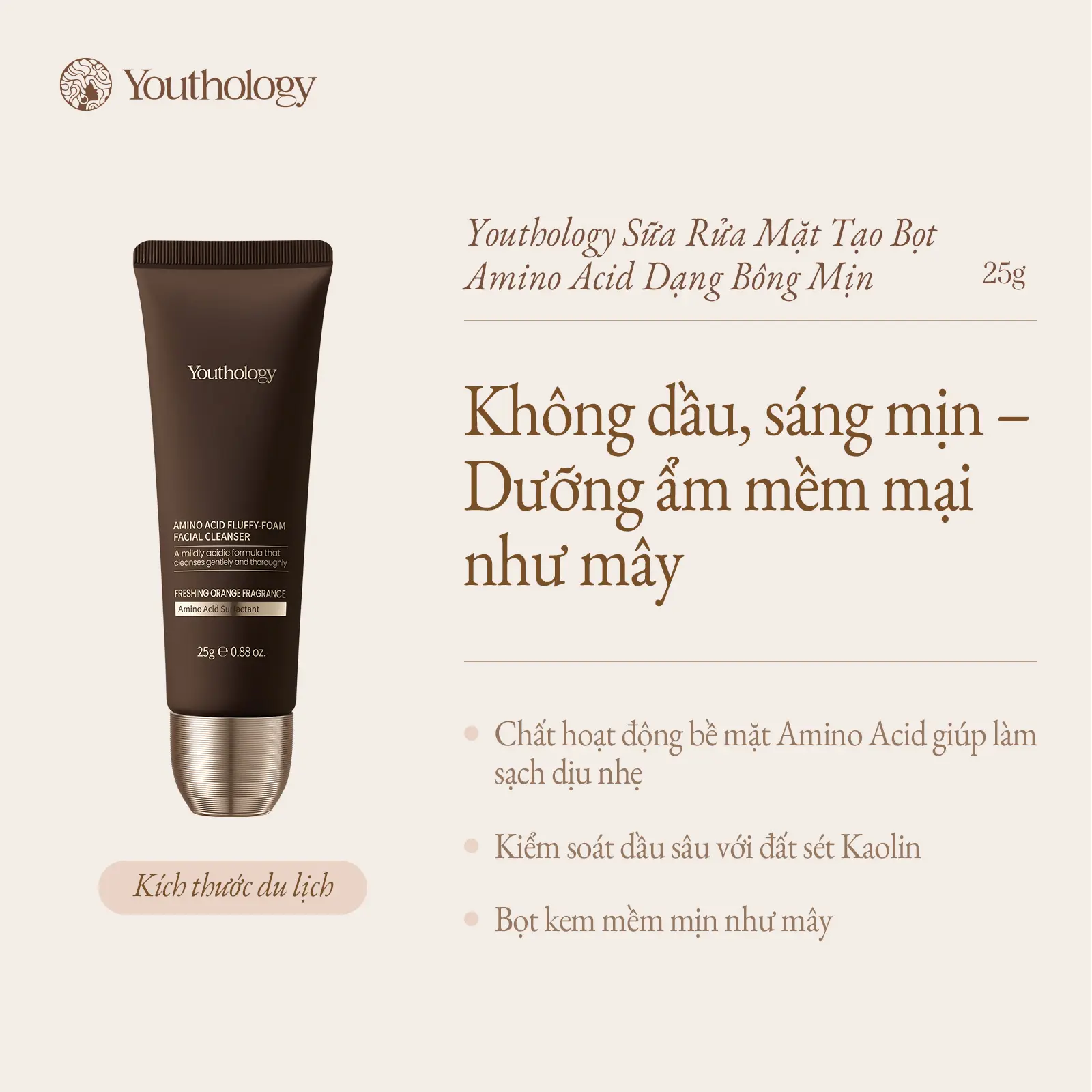 Youthology Sữa Rửa Mặt Tạo Bọt Amino Acid 25g – Làm Sạch Dịu Nhẹ, Hỗ Trợ Kiểm Soát Dầu, Bọt Mịn Mềm Da, Size Du Lịch