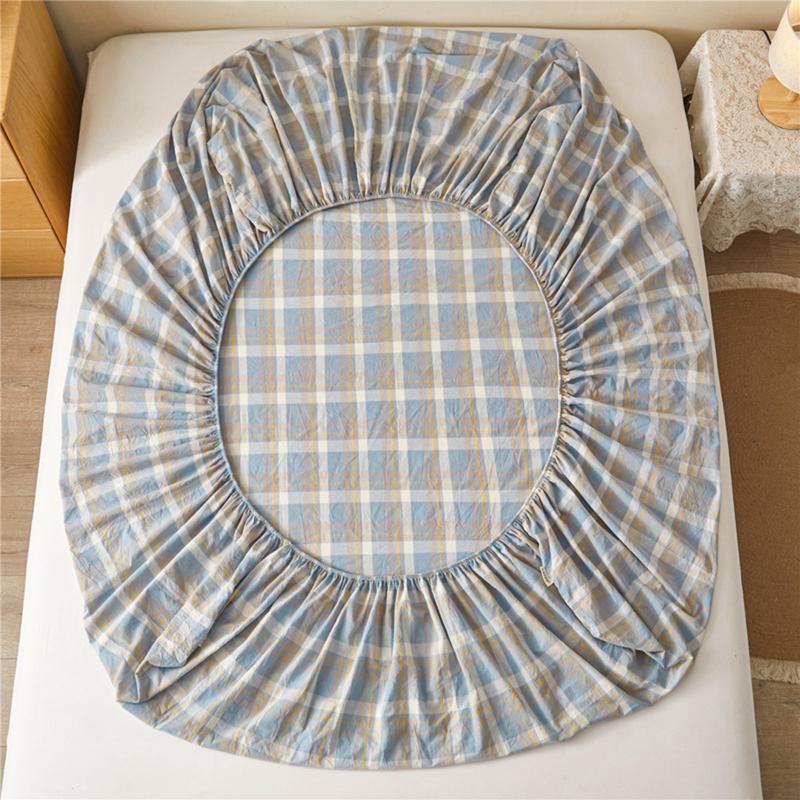 Product Introduction of Cotton Plaid Fitted Sheet Japanese Striped Plaid Cotton Non-Slip Bedspread Washed Cotton Student Fitted Sheet 3 In1 Mattress Cover Protective Cover 31