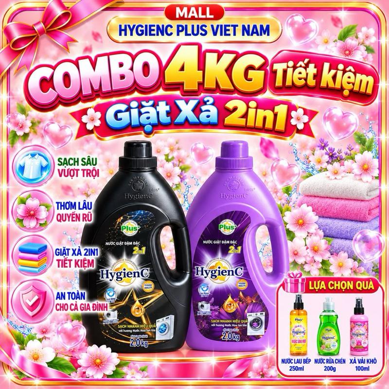 Combo 4KG Giặt Xả 2in1 HygienC Plus,Có Giấy Tờ HD Cty, 2Canx2Kg,Làm Sạch Sâu Thơm lâu, Mềm Vải, Giặt Tay&Máy, Tuỳ chọn quà