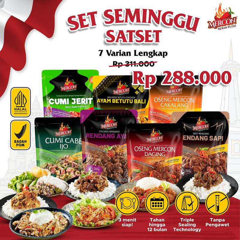[ BELI 5 GRATIS 3 ] MERCON MERAH PUTIH - SET SEMINGGU SATSET 7 PACK ALL BEST SELLER LAUK SIAP SAJI | Ayam Betutu, Daging Pedas Sapi, Cakalang Cumi Rendang + GRATIS MIE MERCON CAKALANG 4