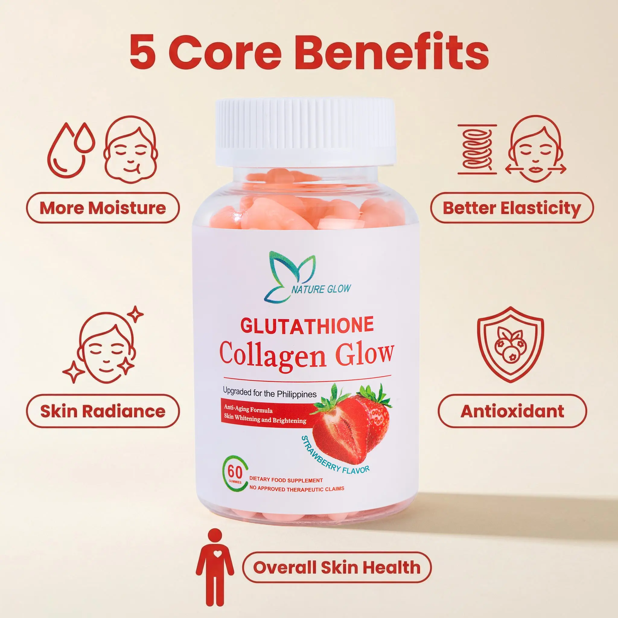 Official】【FDA Approved】Nature Glow 60PC glutathione collagen gummies  strawberry cranberry flavor