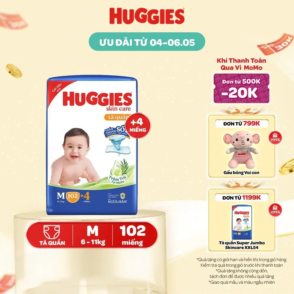 Tã/ bỉm quần Huggies Skincare Mega Jumbo với tràm trà dịu da Size M106/L96+8/XL84+4/XXL76+4