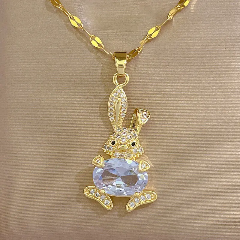 PJ K357 KALUNG TITANIUM WANITA LIONTIN RABBIT BERLIAN GOLD 3