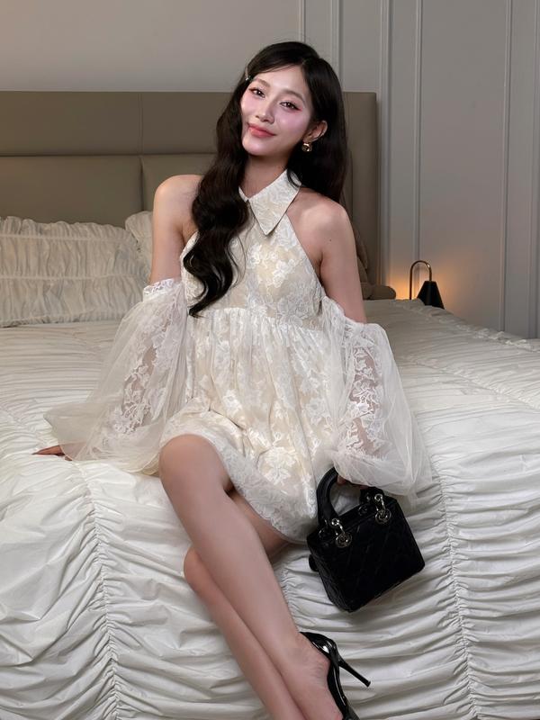 Áo yếm kiểu nữ Rosalyn top dáng bồng tay dài sang trọng - Áo yếm dáng bay babydoll phối ren phù hợp mùa thu phong cách tiểu thư ENKA VIETNAM