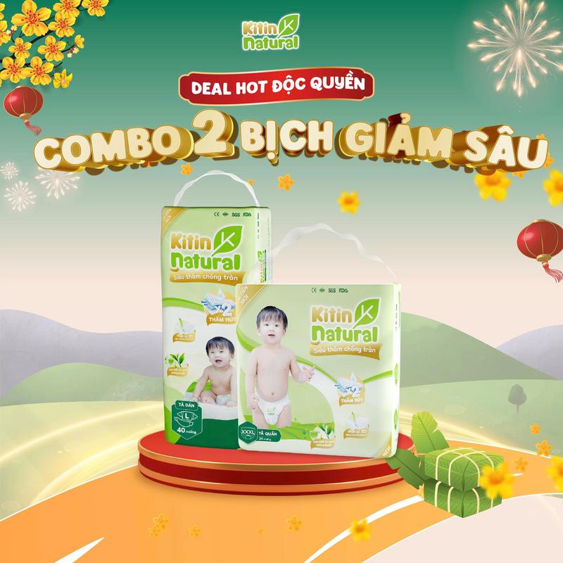 COMBO 2 BỊCH Tã bỉm Kitin Natural thương hiệu Việt mỏng nhẹ, thấm hút tốt, đủ size tã dán tã quần cho bé