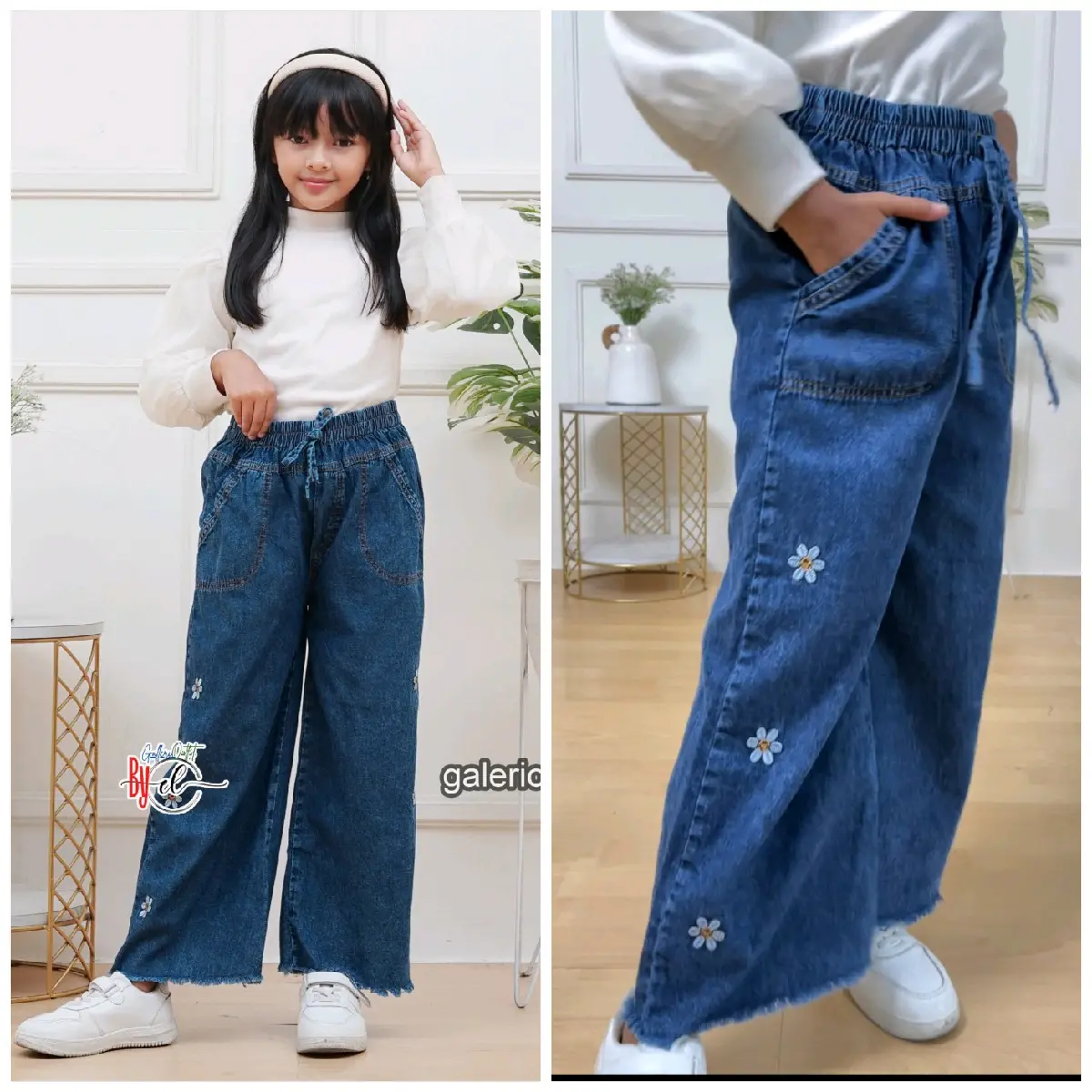 Celana jeans Anak Import Usia (3-10Tahun)  Model Terbaru Bordir Jeans- Celana Panjang Fashion Model Kekinian Bermotif- Jeans Wash Haighwaist Motif Bunga Kupu Love  - Size Usia 3-10 Tahun