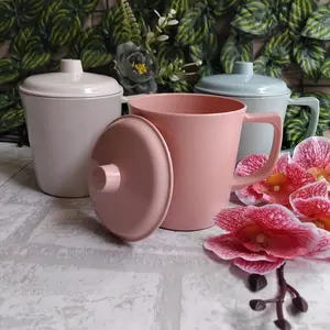 6 Pcs Cangkir Tutup Gelas Mug Gagang Kopi Teh Plastik 350 ml Warna Semi Melamin Tebal Tahan Panas