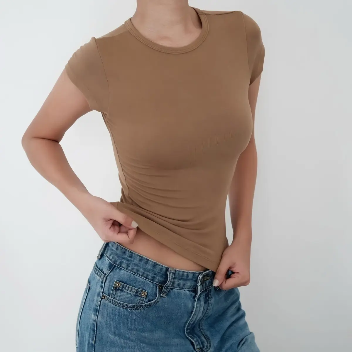 Mera Naomi T-shirt Basic Plain Cotton Roundneck Slim-fitting Womenswear Casual Top Skinny Sleeve Breathable Cap