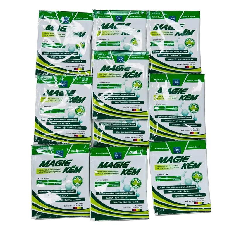 10 gói Phân Bón Lá Magie Kẽm nhập khẩu Ba Lan. Chuyển Vàng Thành Xanh. Giúp Xanh Lá, To Lá, Dày Lá. Xanh Trái, Xanh Gai. 1 gói 50G pha 200 Lít nước phun qua lá