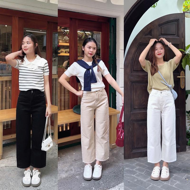 Quần Jean Suông Form Lửng Trắng Kem Đen 88cm LEDA Nữ Nấm Lùn 9 Tấc 1m50 Quần Bò Nấm Lùn Suông Lỡ