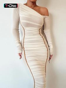 Vestido ajustado de rayas con cuello asimétrico fruncido para mujer, elegante vestido largo de manga larga para fiestas, clubes y citas, ropa de mujer para primavera y otoño, vestido casual para mujer