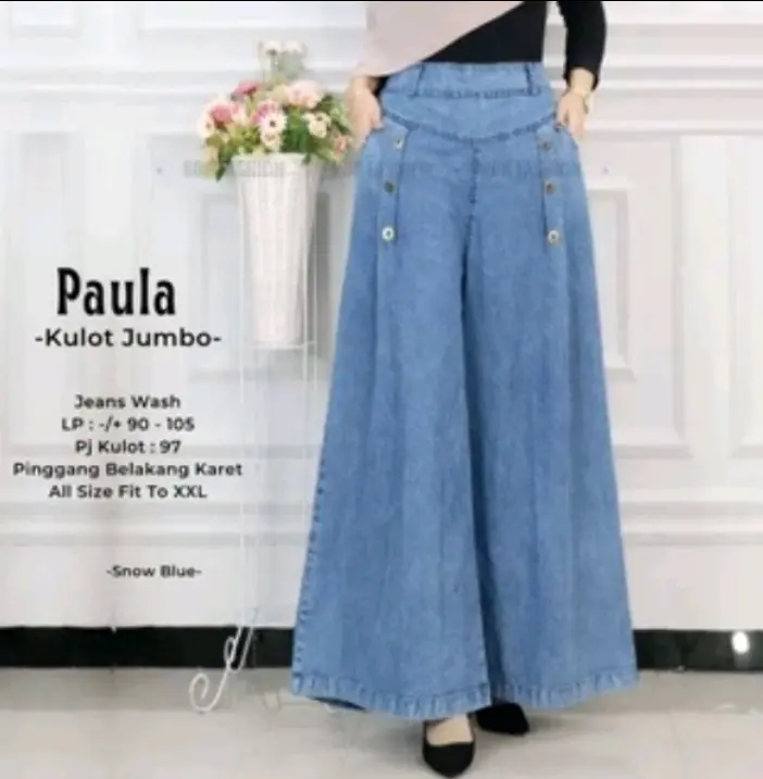 Celana Kulot Paula Jumbo Snow Palazzo Jeans dengan Tali Gesper dan Pinggang Karet - Nyaman Denim Wanita Panjang Dewasa Rawis Cewek 1