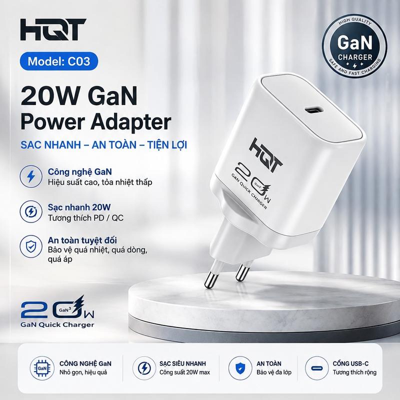 Củ Sạc HQT C03 20W GaN USB-C Sạc Nhanh PD QC Nhỏ Gọn An Toàn