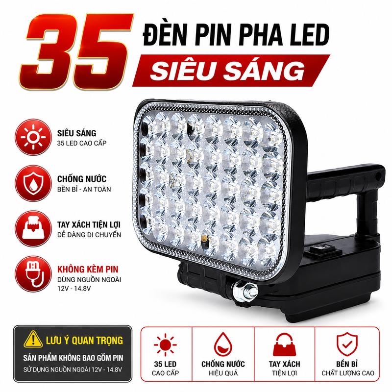 Đèn Led 35 Bóng Có Cổng Sạc Điện Thoại, Đèn Pha Led Dùng Chân Pin Phổ Thông, Đèn Siêu Sáng, Rọi Xa, Có Tay Cầm