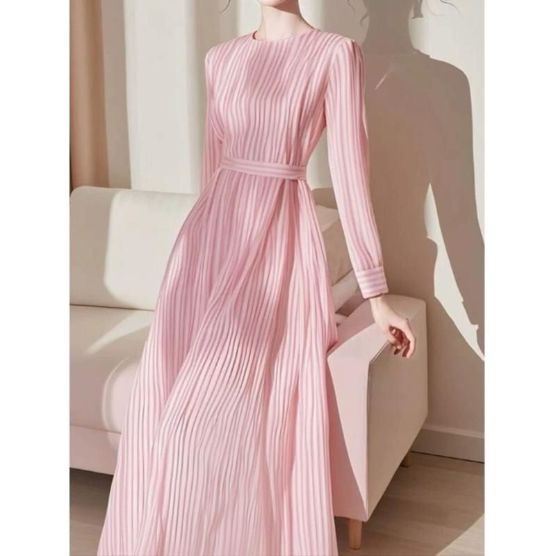 Product Introduction of LUXME 【ready stock】 Gaun Wanta Rok Panjang Lengan Panjang Lipatan Bergaris Warna Pink 2