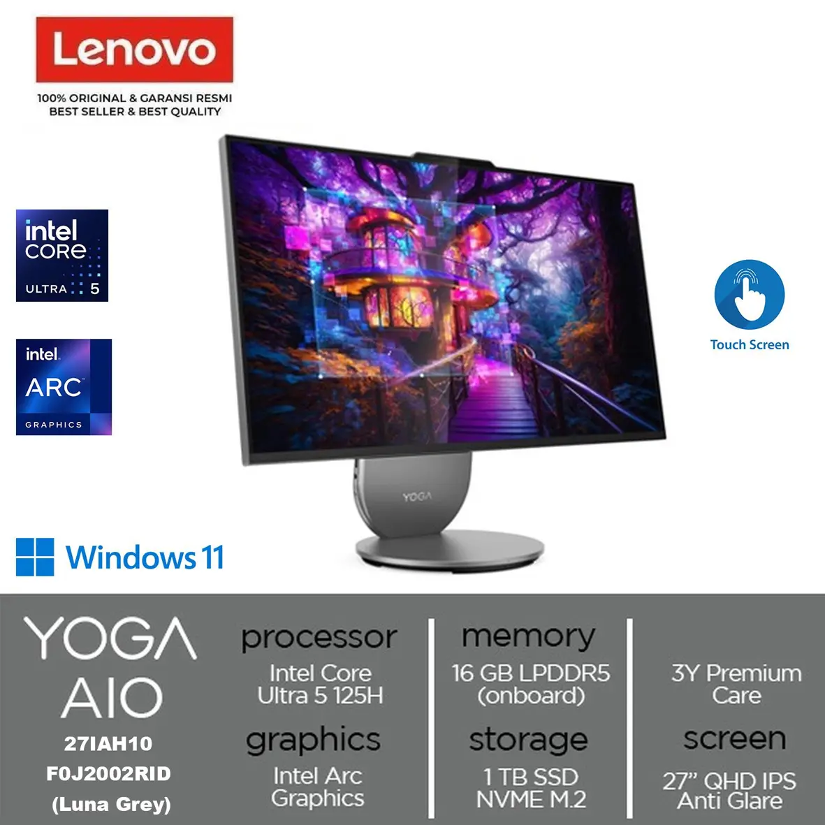 AIO LENOVO Yoga 27IAH10 F0J2002RID Core Ultra 5 125H 16GB 1TB W11 OHS 2024 M365 Luna Grey TOUCH