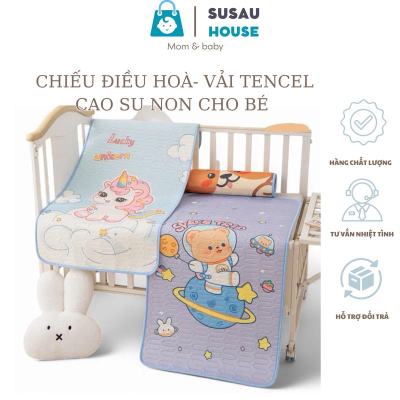 Chiếu Điều Hoà Cao Su Non Mặt Vải Tecel Kèm Gối Cho Bé