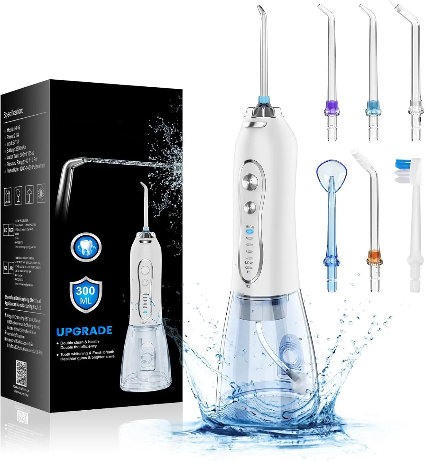 Water Dental Flosser Portable Dental Oral Irrigator with 5 Modes, 6 Replaceable Jet Tips, Rechargeable IPX7 Waterproof Teeth Cleaner for Home and Travel -300ml Detachable Reservoir (HF-6)