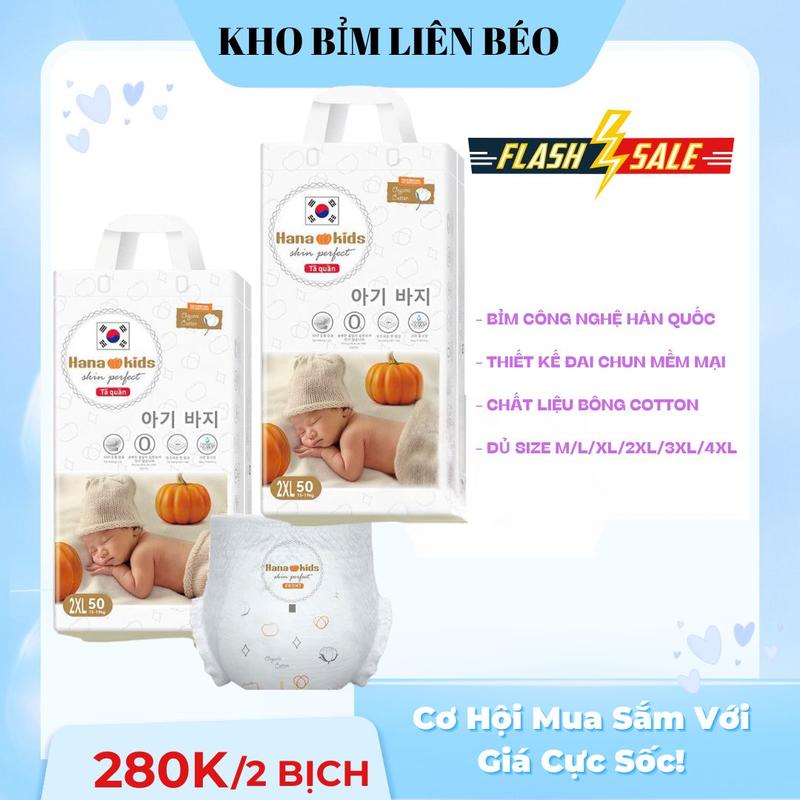 Combo 100 Quần Bỉm Hana Kids / Phom Bo. Size M/L/XL/2XL/3XL/4XL Chất Liệu Organic Cotton Thấm Hút Siêu Mạnh 20 Lần Kháng Tràn 3D An Toàn Cho Da Bé