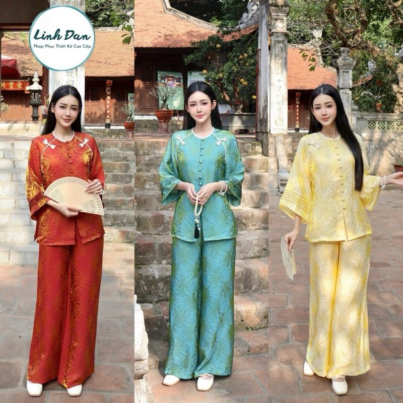 Linh Đan - Bộ quần áo đi chùa dành cho nữ hàng thiết kế chất liệu vải ánh kim cao cấp from truyền thống