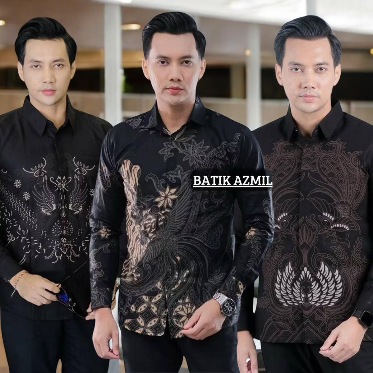 Batik AZMII - Kemeja Batik Pria Lengan Panjang Motif Terbaru Batik Kantor Kerja Seragam Batik Kratonan Katun Halus Atasan Printing Baju Lembut Keren Cowok Hitam