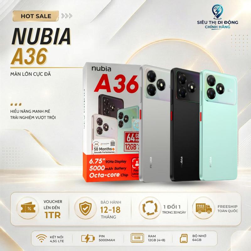A36 Nubia A36 pin 5000mAh bền bỉ, màn hình 6.75" rộng rãi, Android 15 mới, thiết kế trẻ trung, , RAM 12GB (4+8), 64GB