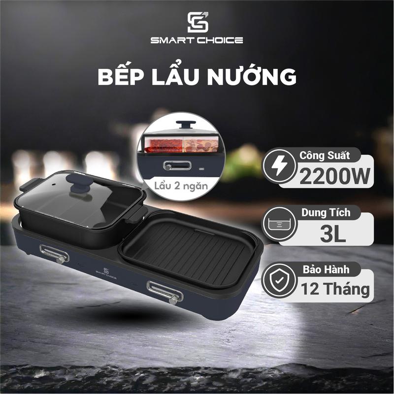 Bếp Lẩu Nướng 2 In 1 SCG-LN004 BẢN NÂNG CẤP 2 Ngăn Lẩu 3L, Bếp Nướng Điện Độc Lập Không Khói Bảo Hành 18 Tháng