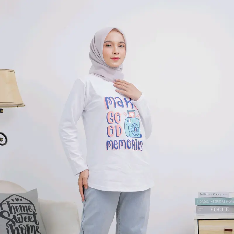 Kaos Wanita Belah Samping Motif Sablon Lembut 7NEXT LEVEL - Putih - Baju Semi Oval Keren Atasan Combed Nyaman Panjang - Santai, Katun baju labubu macaron Simple Variasi Tshirt Polos 6