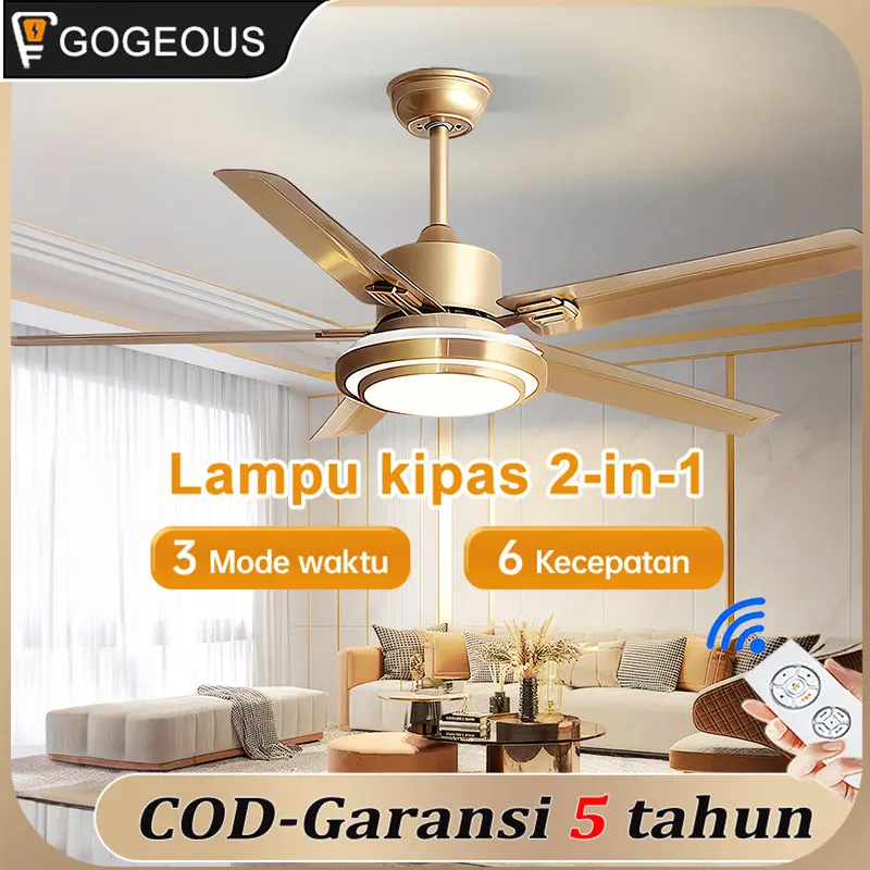 【COD】 Lampu kipas angin plafon LED 2in1 3 warna 6 kecepatan 42/48/52 inci kipas angin gantung plafon dengan lampu meja makan kamar tidur balkon lampu kipas angin plafon remote