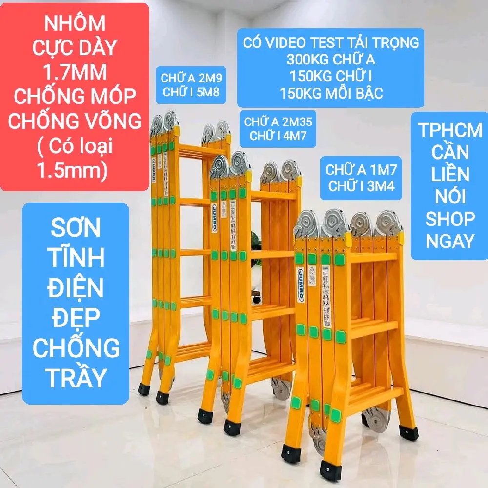 Thang xếp gấp gọn chữ A 1m7, 2m35 Jumbo, nhôm cực dày tới 1.7mm chống móp cực tốt, chịu tải tới 300Kg, Bảo hành 24 tháng ( bán chạy )
