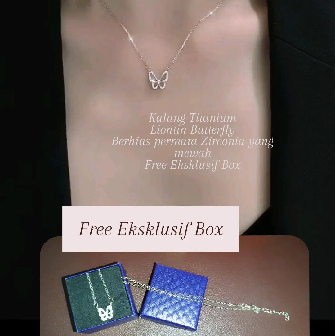 Kalung Titanium dan Liontin butterfly yang dihiasai permata zirconia yang mewah akan membuat anda menjadi pusat perhatian .