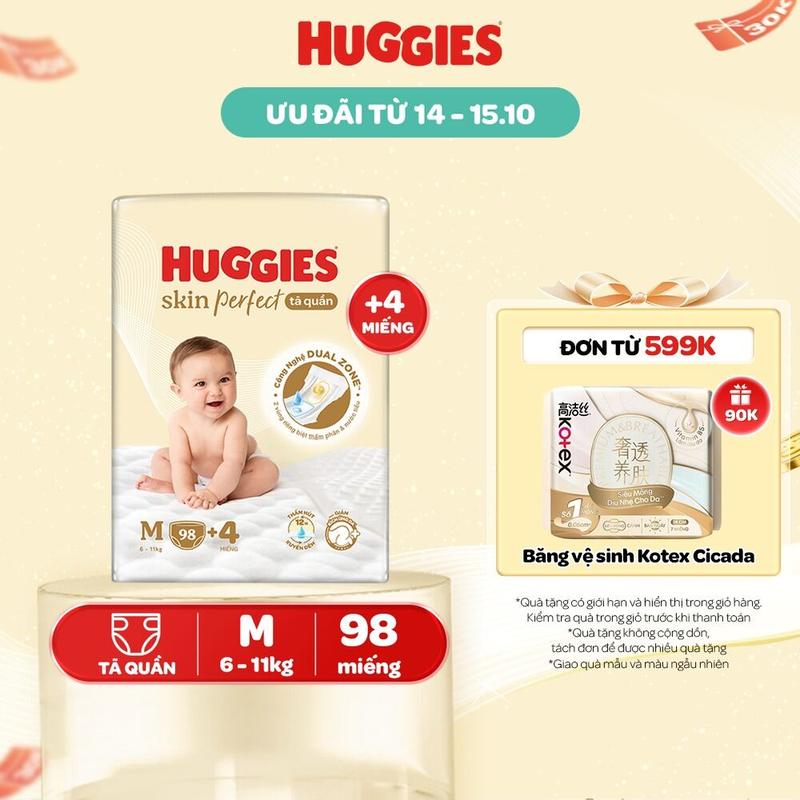 Tã quần Huggies Skin Perfect Mega Jumbo với 2 vùng thấm giảm kích ứng da Size M 98+4/L 88+4/XL 72+4/XXL 64+4