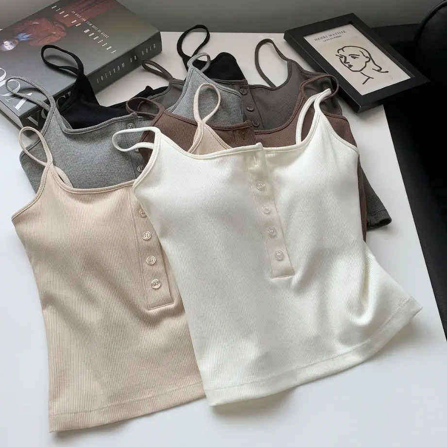 [Ready Stock] Women's Thread Fixed Cup Camisole Button Style Tank Top Beautiful Back Vest Sexy Outerwear Top