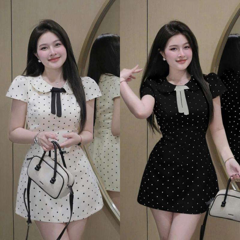  D827  TÁO ĐỎ BIGSIZE 55-90KG  ĐẦM BIGSIZE ĐẦM CHẤM BI CỔ BẺ ĐÍNH NƠ DÁNG NGẮN 