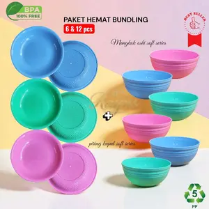 PAKET HEMAT6/12pcs Mangkok&piring Oshi Plastik Warna soft Foodgrade BPA Free Perlengkapan Makan Set Souvenir Kitchenware Anti Pecah Awet Tahan Panas Dingin