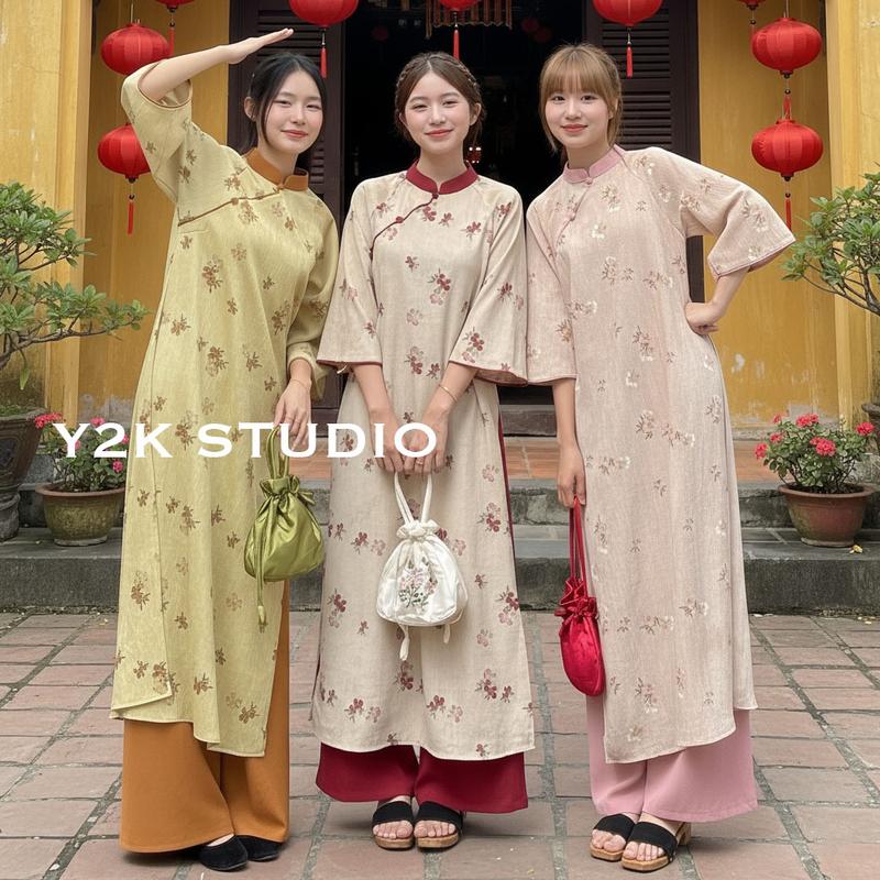 SET áo dài cách tân nữ hoa nhung cổ trụ tay lỡ quần nhung mặc đi chụp ảnh - chơi Tết - đi chùa phối đồ xinh