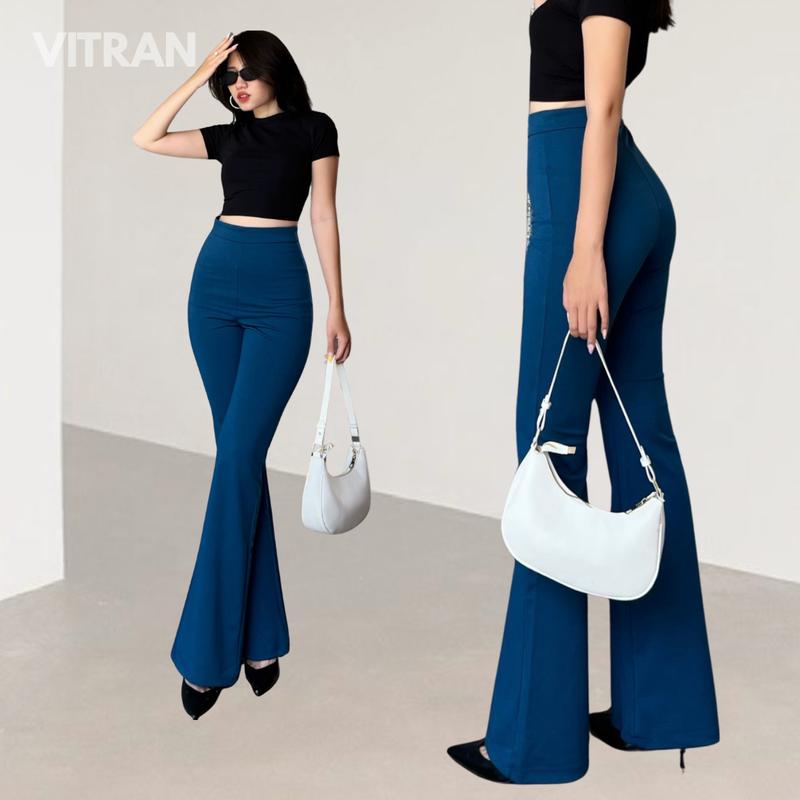  VITRAN BOUTIQUE Quần Ống Loe Lưng Cao Xanh Cổ Vịt Thun Umi Dày Dặn Co Giãn Nhẹ Nữ Dài 108cm Dây Kéo Sau Chất Liệu Mềm Mại Basic Minimal  OL  