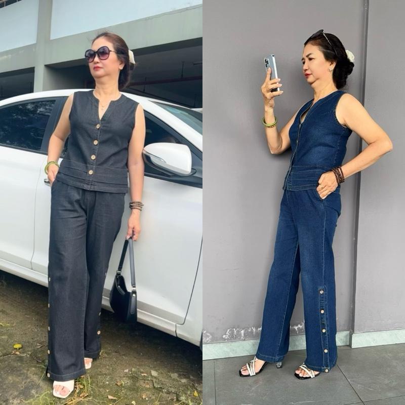 BD414 Bộ Jean Nữ Áo Sát Cánh Cổ Chìa Khóa Kèm Quần Suông Dài Đính Nút - Size M,L,XL,2XL,3XL